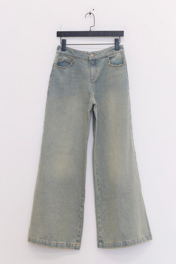 RUIbuilt 25 Spring and Summer Thin Strap Stitching Rivet Wide Leg Jeans RUI-RSS25WV25-NZL Denim Blue